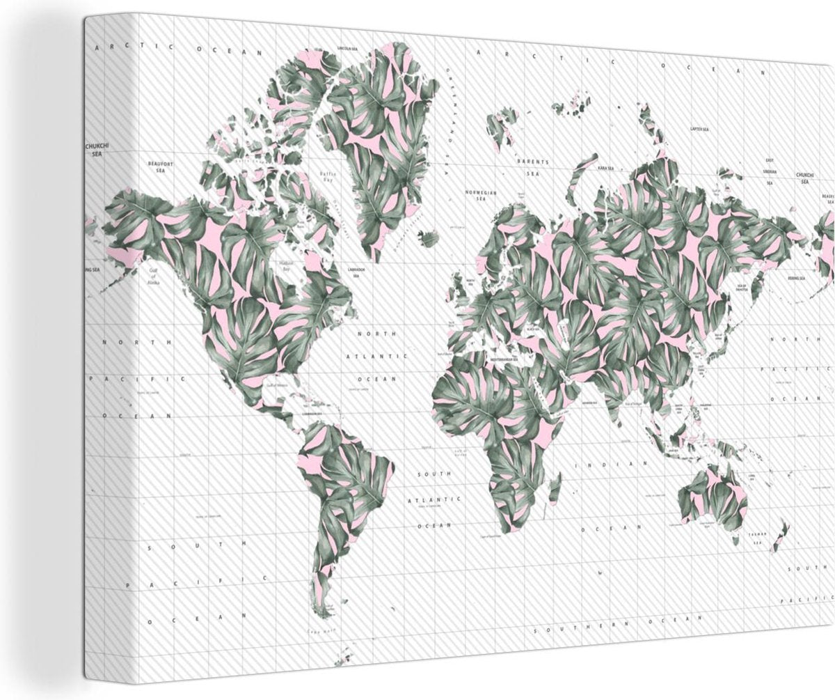 Canvas Schilderijen - Wereldkaart - Planten - Roze - 30x20 cm - Wanddecoratie