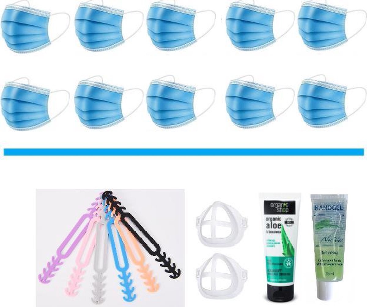 Mondkapjes Vakantie Pakket: 50 Blauwe Mondmaskers | 5 Earsavers Mix | 2 Mondmaskerhouders | Handcreme | Handgel