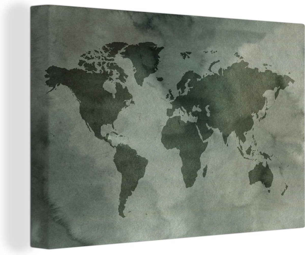 Canvas Schilderijen - Wereldkaart - Waterverf - Grijs - 150x100 cm - Wanddecoratie