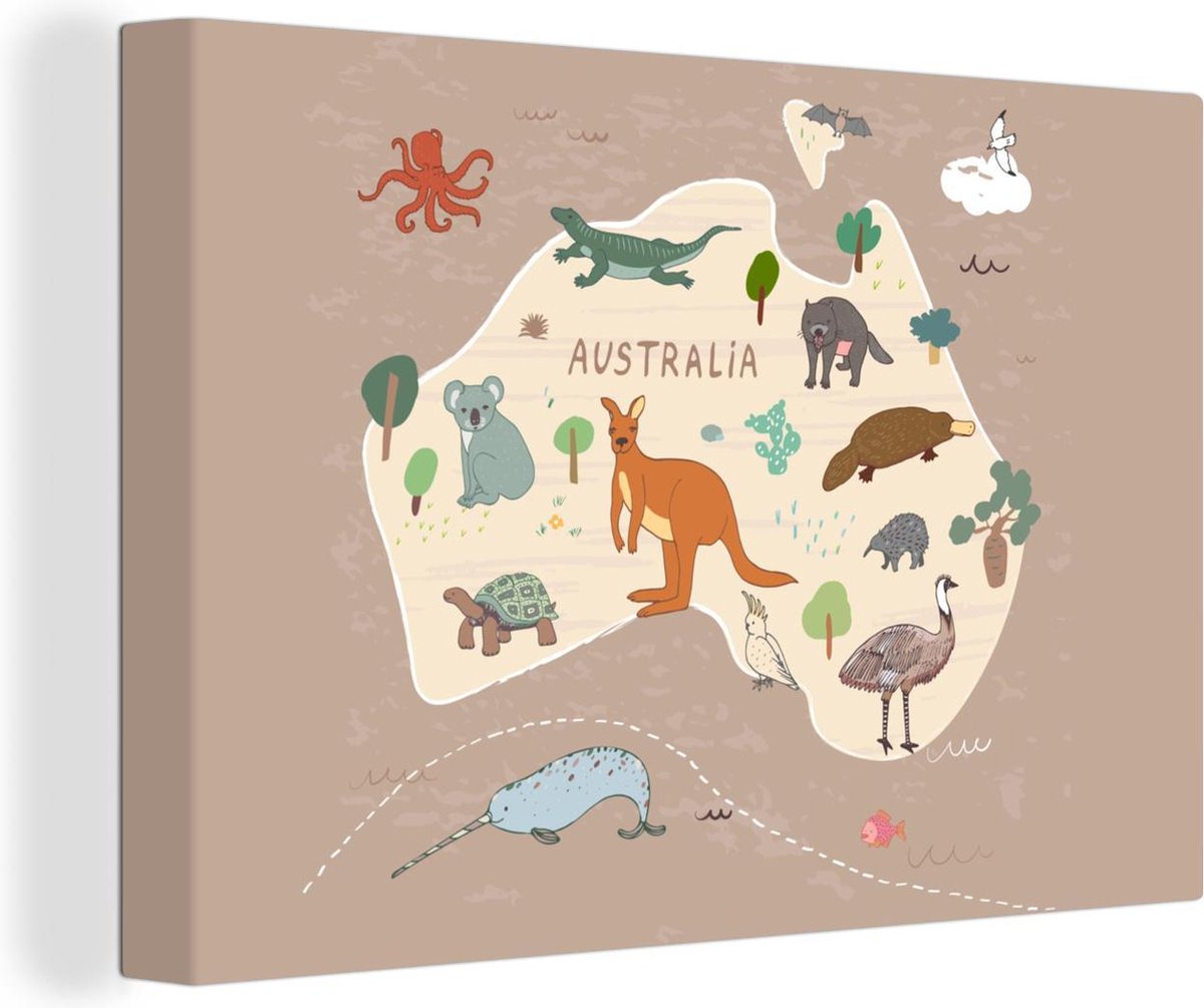 Wereldkaart Muur - Wereldkaart kinderen - Australië - Dieren - 150x100 cm - Canvas
