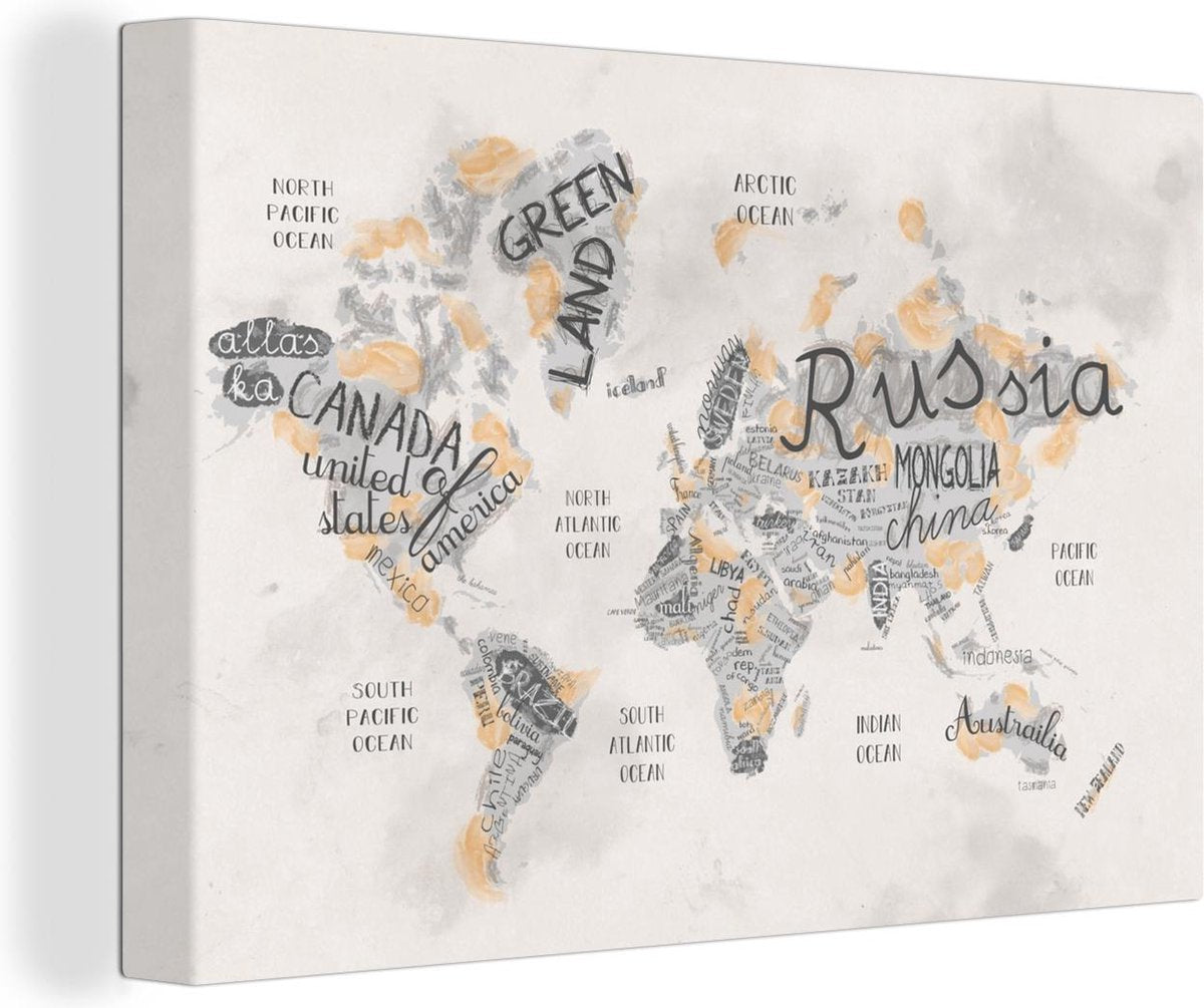 Canvas Schilderijen - Wereldkaart - Letters - Bruin - 30x20 cm - Wanddecoratie