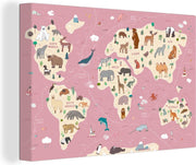 Wereldkaarten - Wereldkaart kinderen - Dieren - Aarde - 90x60 cm - Canvas