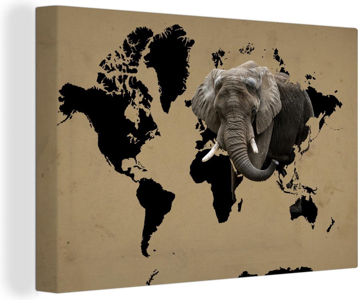 Canvas Schilderijen - Wereldkaart - Zwart - Olifant - 30x20 cm - Wanddecoratie