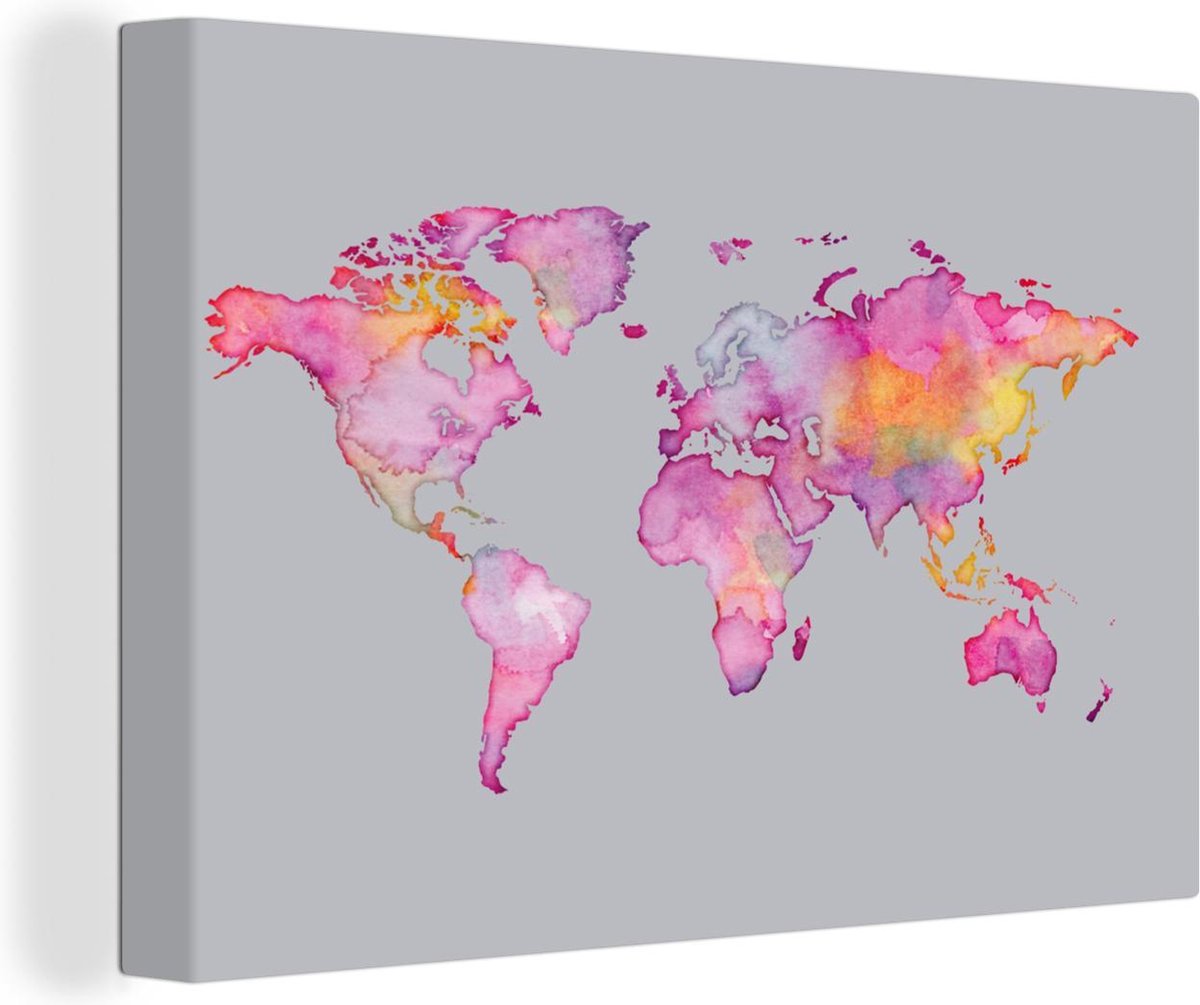 Canvas Schilderijen - Wereldkaart - Waterverf - Roze - 180x120 cm - Wanddecoratie XXL