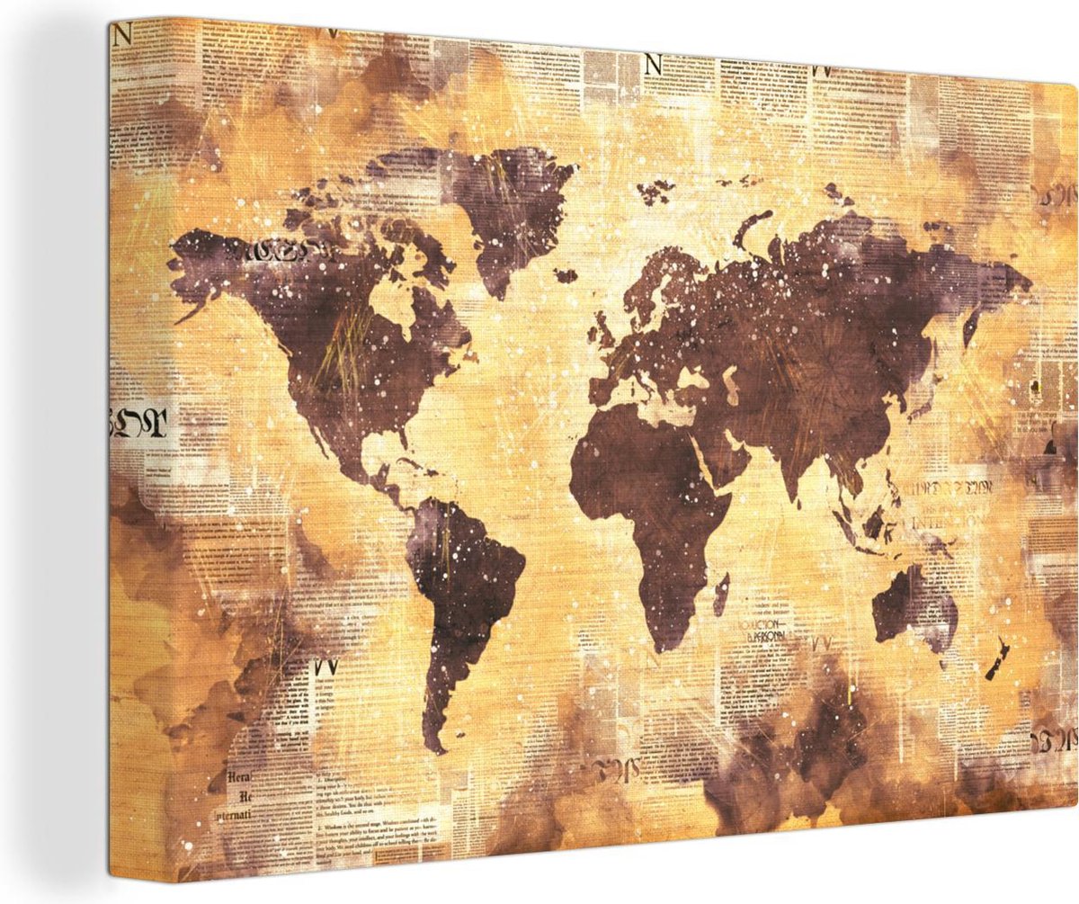 Canvas Schilderijen - Wereldkaart - Glitter - Goud - 180x120 cm - Wanddecoratie XXL