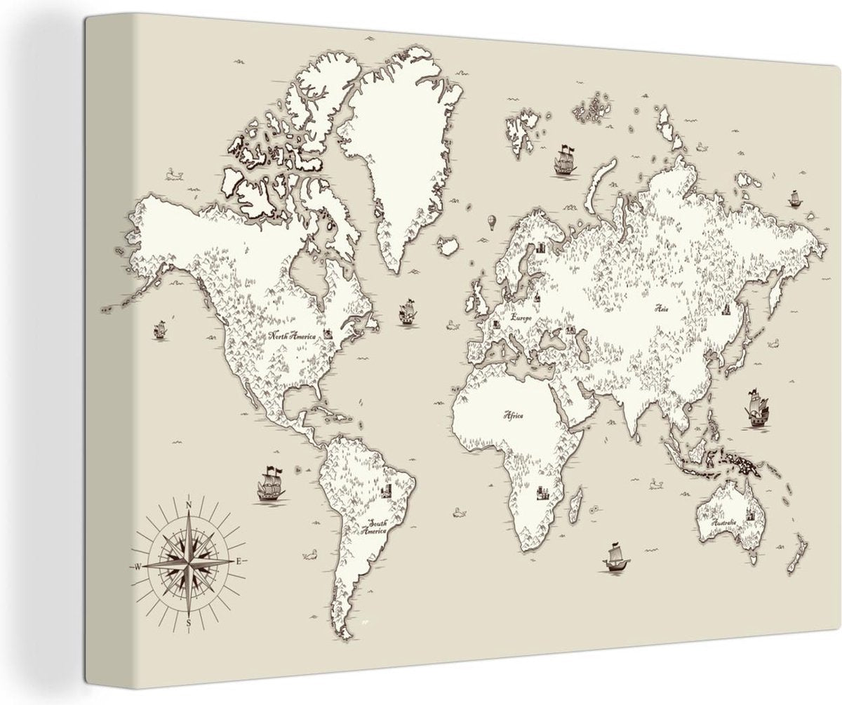 Canvas Schilderijen - Wereldkaart - Vintage - Antiek - 90x60 cm - Wanddecoratie