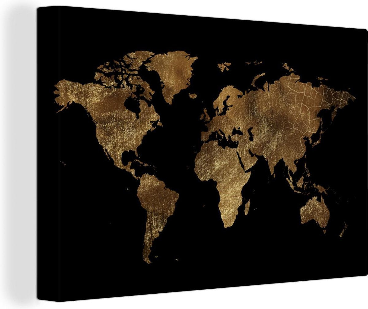 Canvas Schilderijen - Wereldkaart - Goud - Luxe - 140x90 cm - Wanddecoratie