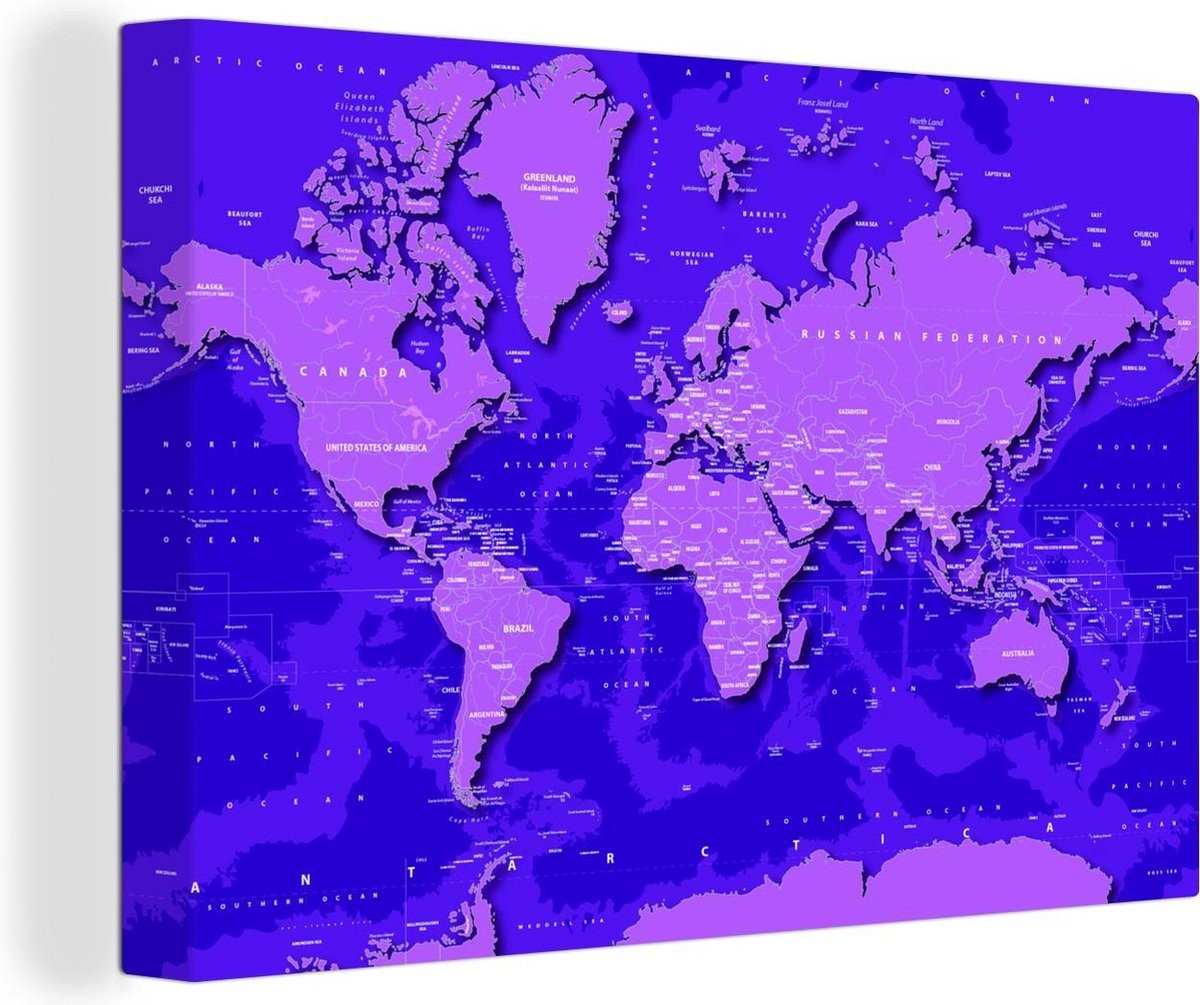 Canvas Schilderijen - Wereldkaart - Stoer - Paars - 150x100 cm - Wanddecoratie