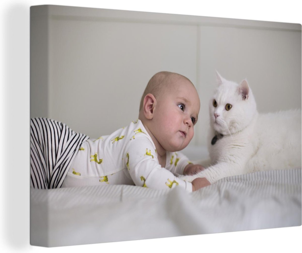 Canvas Schilderijen - Baby kijkend naar een witte kat op een bed - 60x40 cm - Wanddecoratie