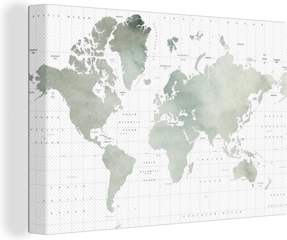 Canvas Schilderijen - Wereldkaart - Waterverf - Grijs - 150x100 cm - Wanddecoratie