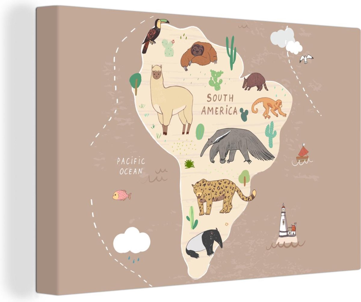 Wereldkaarten - Dieren - Bruin - Wereldkaart kinderen - 90x60 cm - Canvas