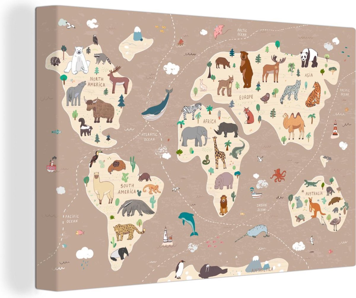 Wereldkaart Muur - Wereldkaart kinderen - Aarde - Dieren - 150x100 cm - Canvas