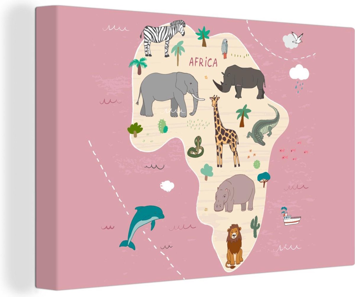 Wereldkaarten - Wereldkaart kinderen - Afrika - Roze - 90x60 cm - Canvas