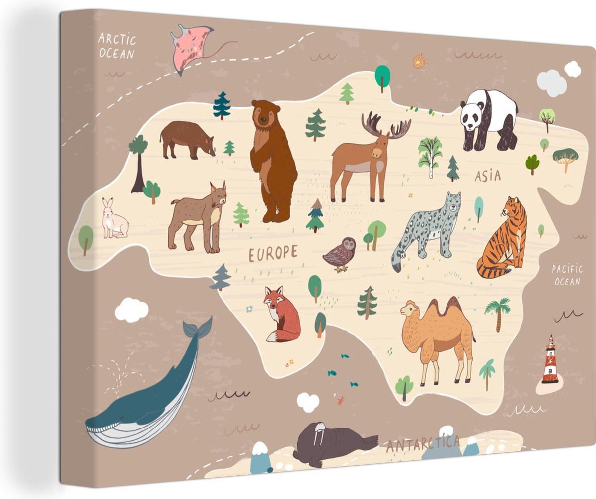 Wereldkaarten - Wereldkaart kinderen - Bruin - Dieren - 90x60 cm - Canvas