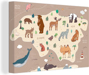 Wereldkaarten - Wereldkaart kinderen - Bruin - Dieren - 90x60 cm - Canvas