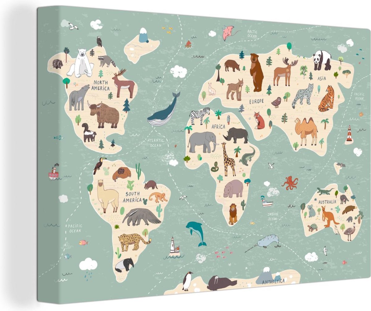 Aarde - Wereldkaart kinderen - Dieren - 180x120 cm - Canvas