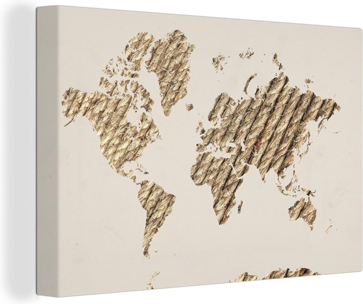Canvas Schilderijen - Wereldkaart - Touw - Bruin - 60x40 cm - Wanddecoratie