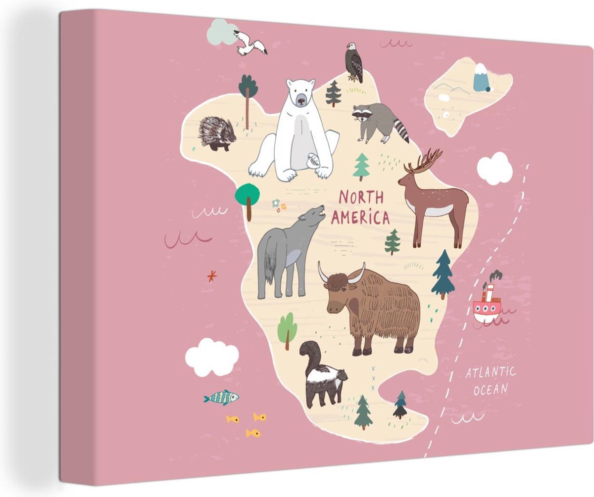 Wereldkaart Muur - Wereldkaart - Kinderen - Dieren - 150x100 cm - Canvas