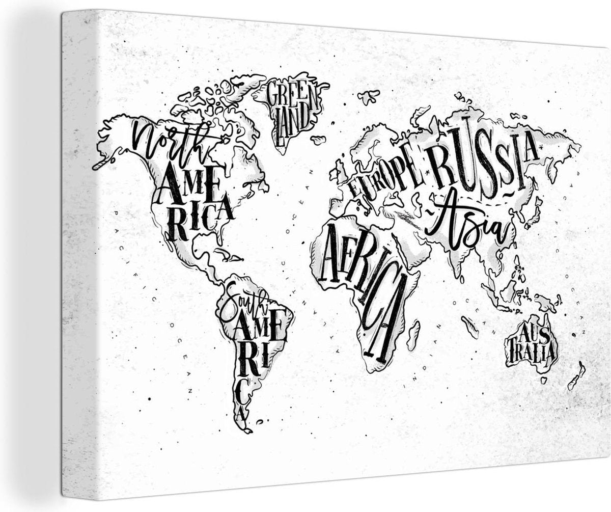 Canvas Schilderijen - Wereldkaart - Wit - Zwart - 30x20 cm - Wanddecoratie