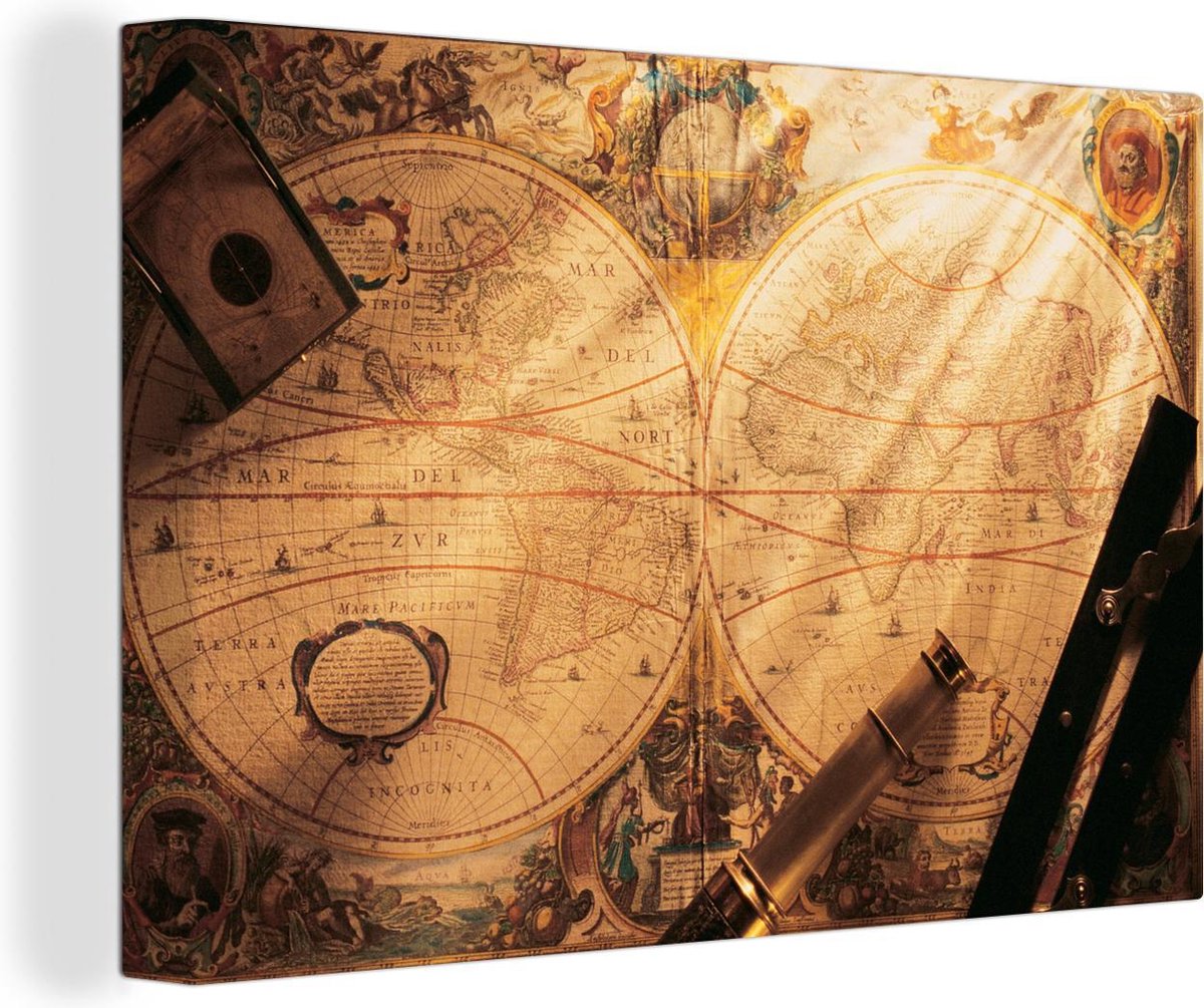 Canvas Ouderwetse wereldkaart met navigatiemateriaal - 120x80 cm - Wanddecoratie