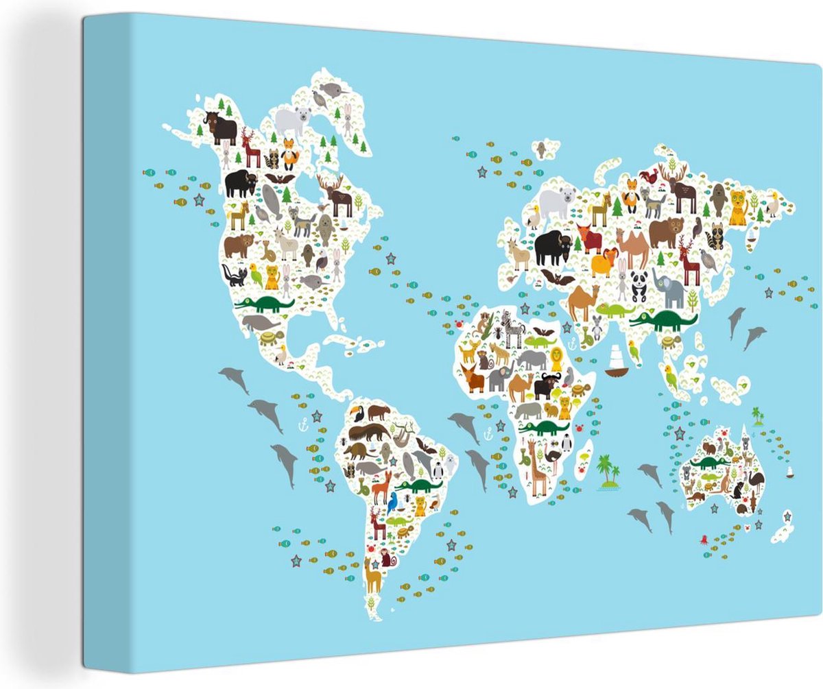 Canvas Wereldkaart - Kinderen - Kleuren - Dieren - 120x80 cm - Wanddecoratie