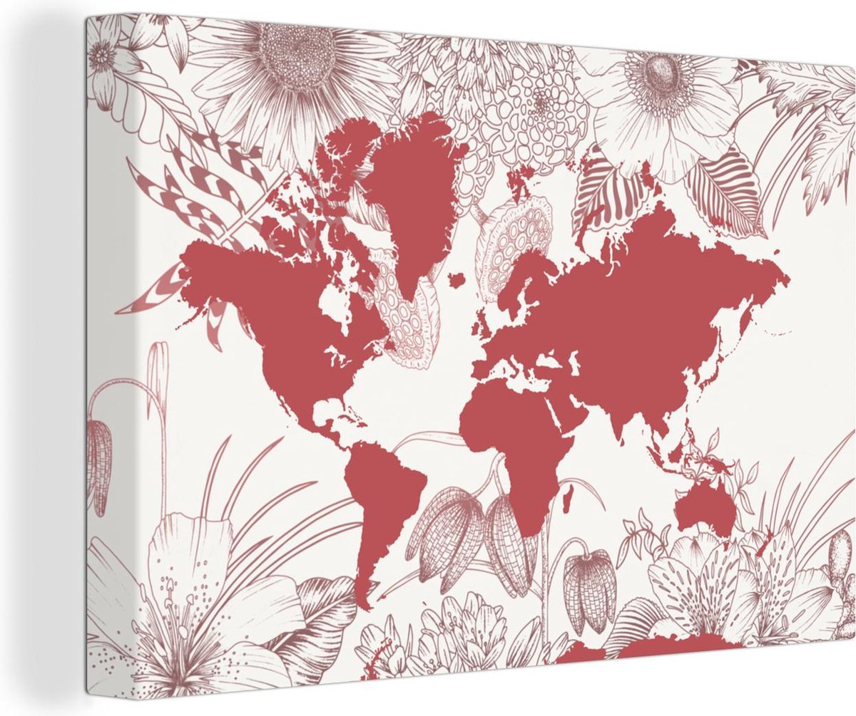Canvas Schilderijen - Wereldkaart - Roze - Wit - 150x100 cm - Wanddecoratie