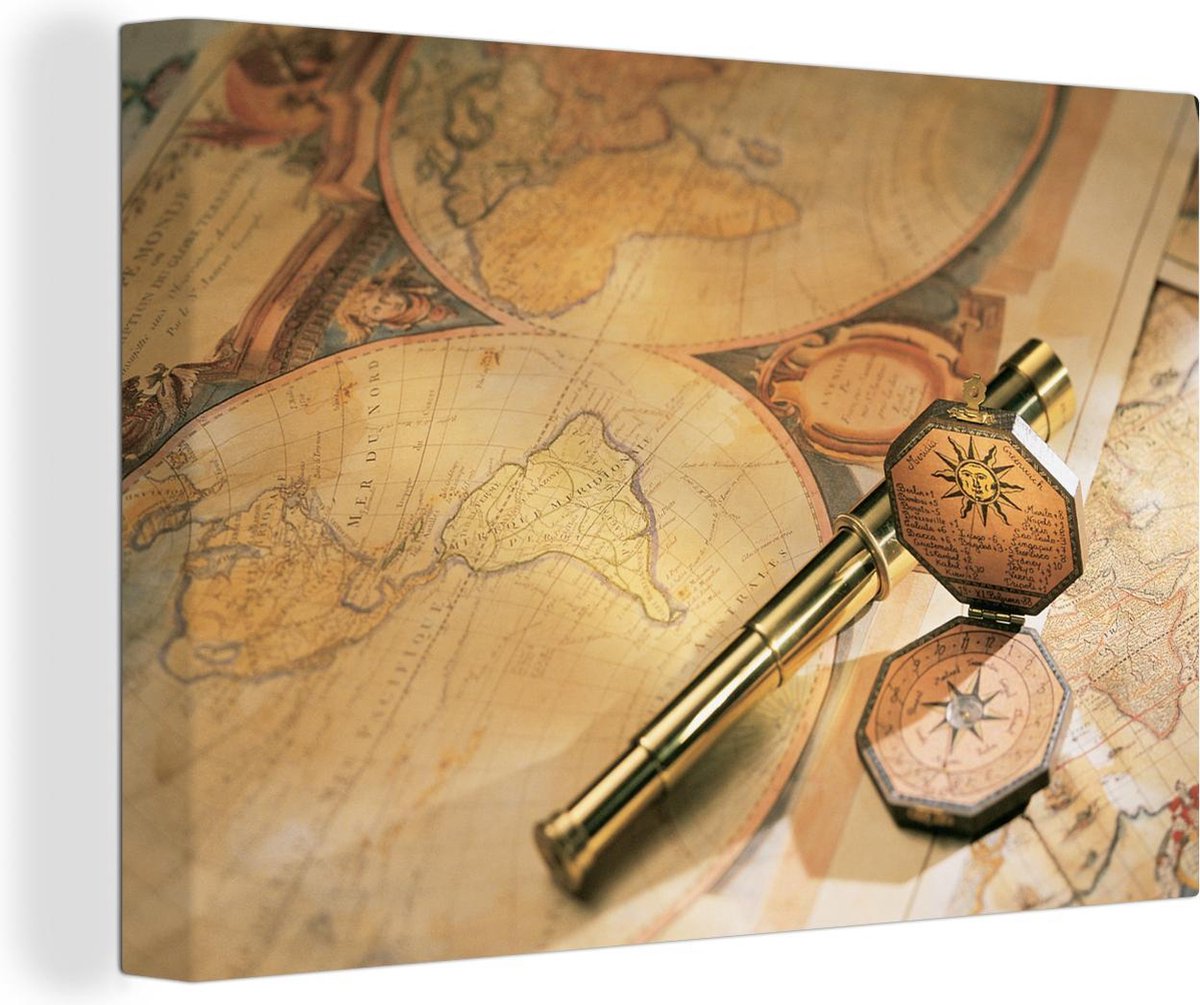 Canvas Oude verrekijker en kompas op wereldkaart - 120x80 cm - Wanddecoratie