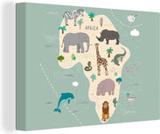 Wereldkaart Muur - Wereldkaart kinderen - Dieren - Afrika - 150x100 cm - Canvas
