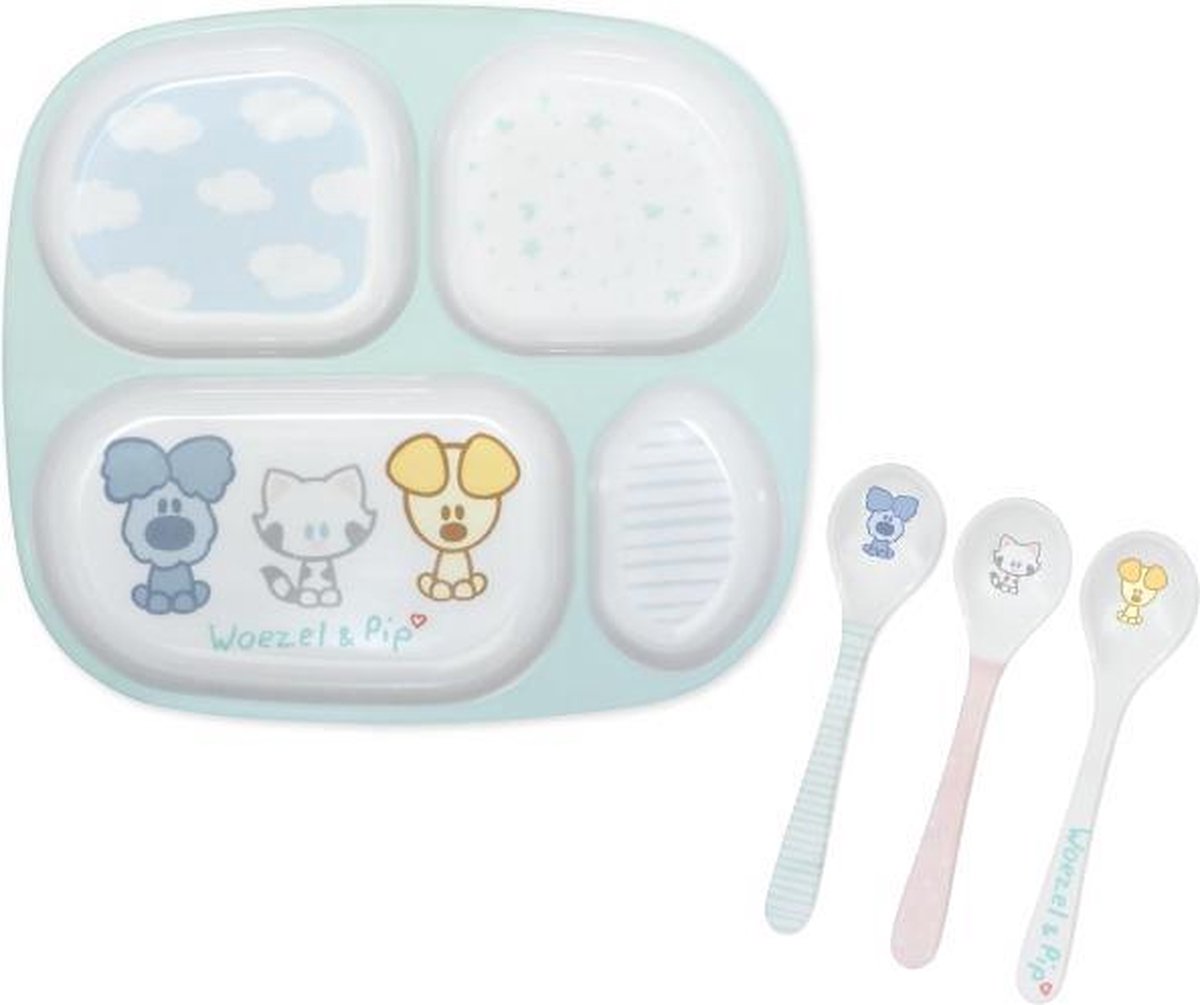 Woezel en Pip - Kinderservies - Vakkenbord en paplepels - Melamine