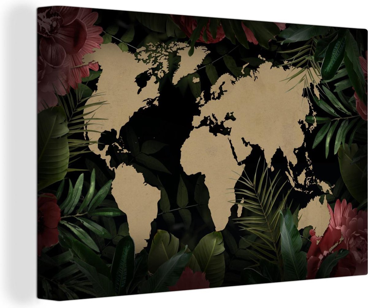 Canvas Schilderijen - Wereldkaart - Bloemen - Tropische Planten - 90x60 cm - Wanddecoratie