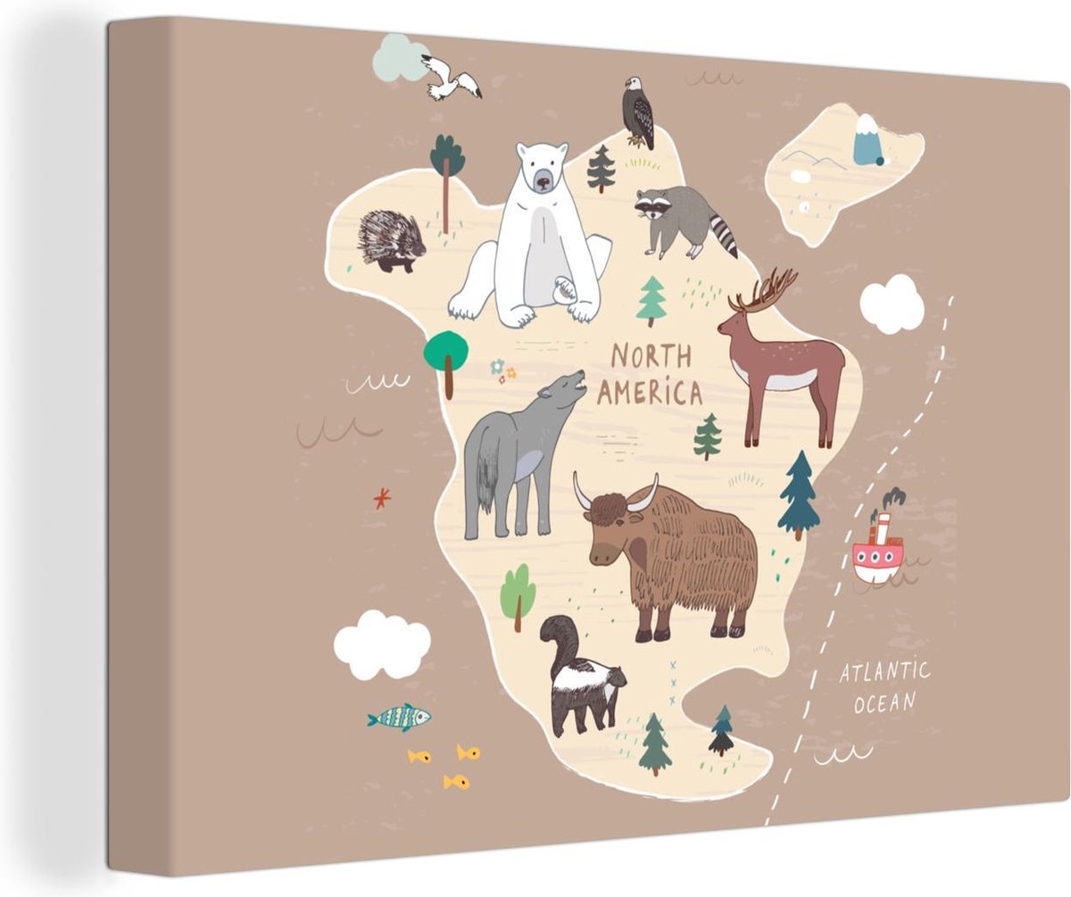 Wereldkaarten - Wereldkaart kinderen - Dieren - Bruin - 90x60 cm - Canvas