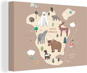 Wereldkaarten - Wereldkaart kinderen - Dieren - Bruin - 90x60 cm - Canvas