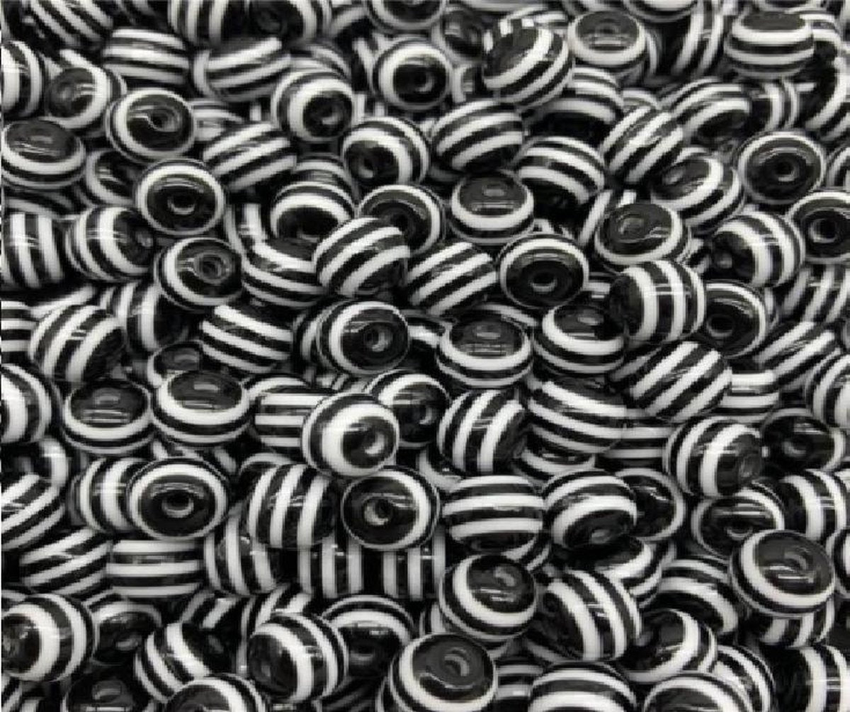 50x Kralen Rond Zwart / Wit Gestreept - 8 mm