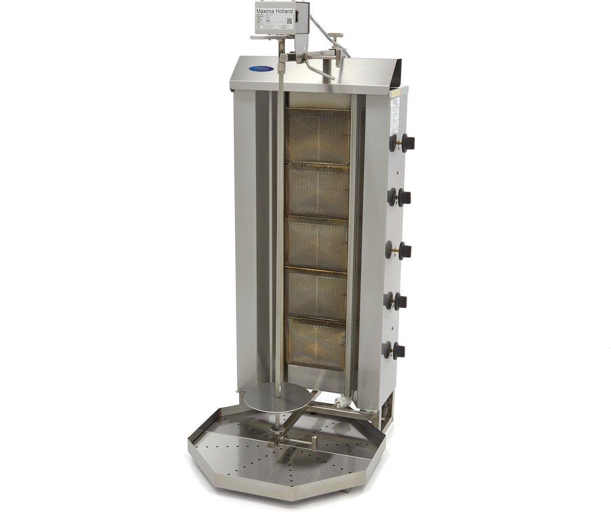 Doner Kebab / Gyros / Shoarma Grill 5 Branders - Gas - RVS - Max. 80 kg Vlees - Verstelbare Spies - Links + Rechts Draaiend - Doner Grill - Maxima