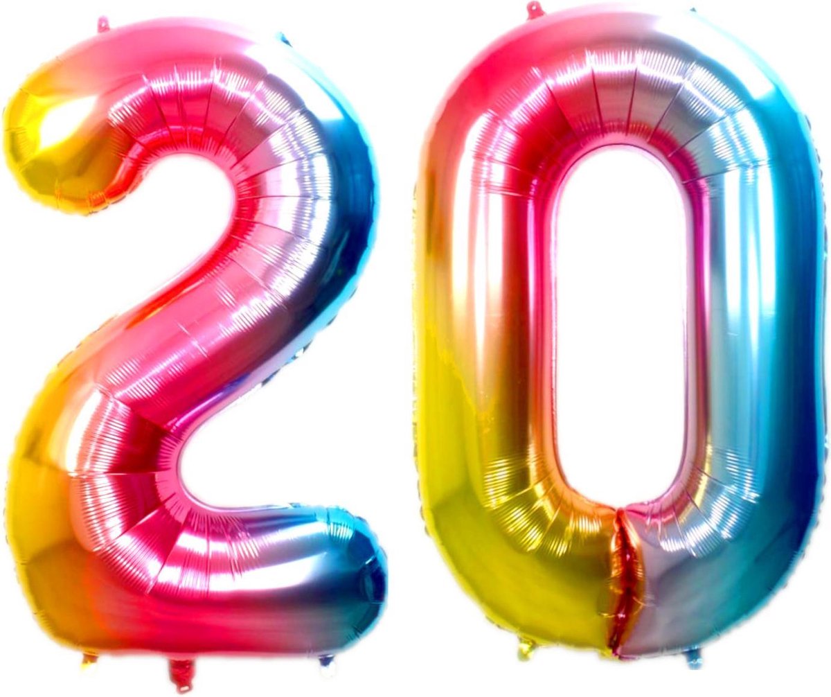 Folie Ballon Cijfer 20 Jaar Regenboog 86Cm Verjaardag Folieballon Met Rietje