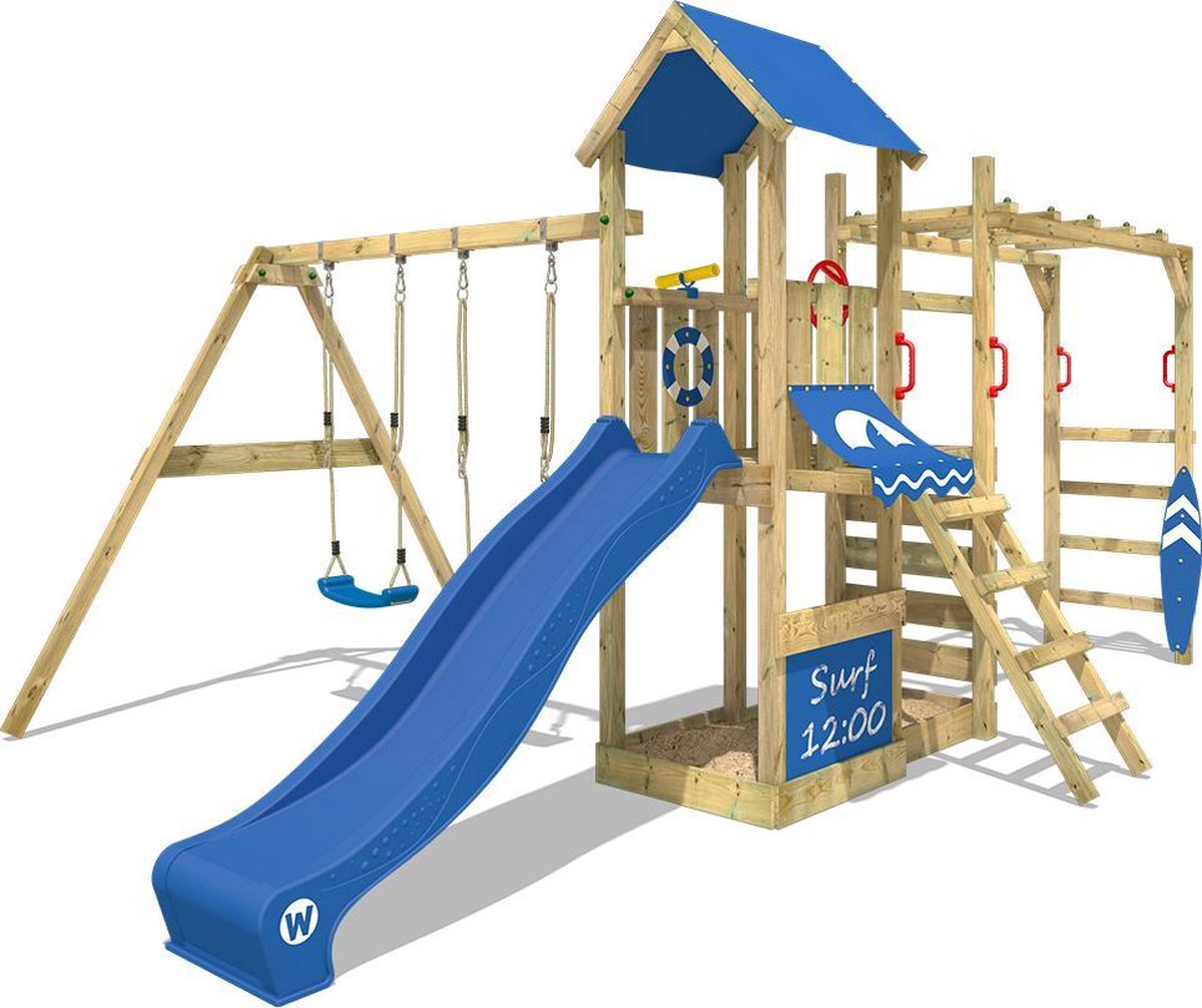 WICKEY Klimtoren voor tuin Smart Dock met schommel en blauwe glijbaan 