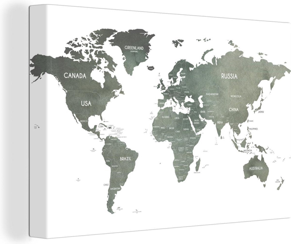 Canvas Schilderijen - Wereldkaart - Waterverf - Grijs - 150x100 cm - Wanddecoratie