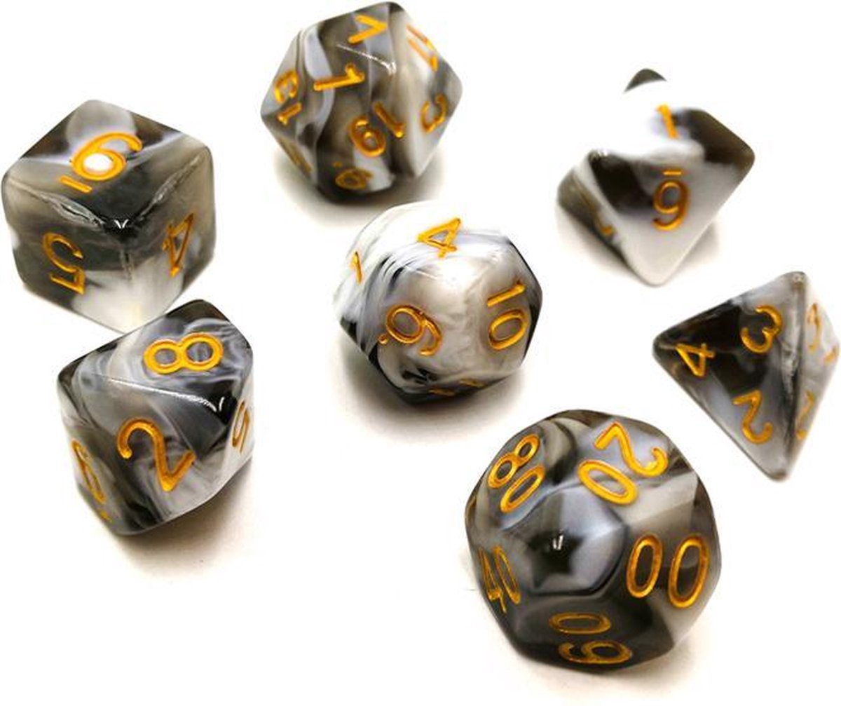 Polydice set - Polyhedral dobbelstenen set 8 delig | Set van 7 in velours bewaarzakje / bag / pouch| dungeons and dragons dnd dice | D&D Pathfinder RPG | Zwart wit gemarmerd