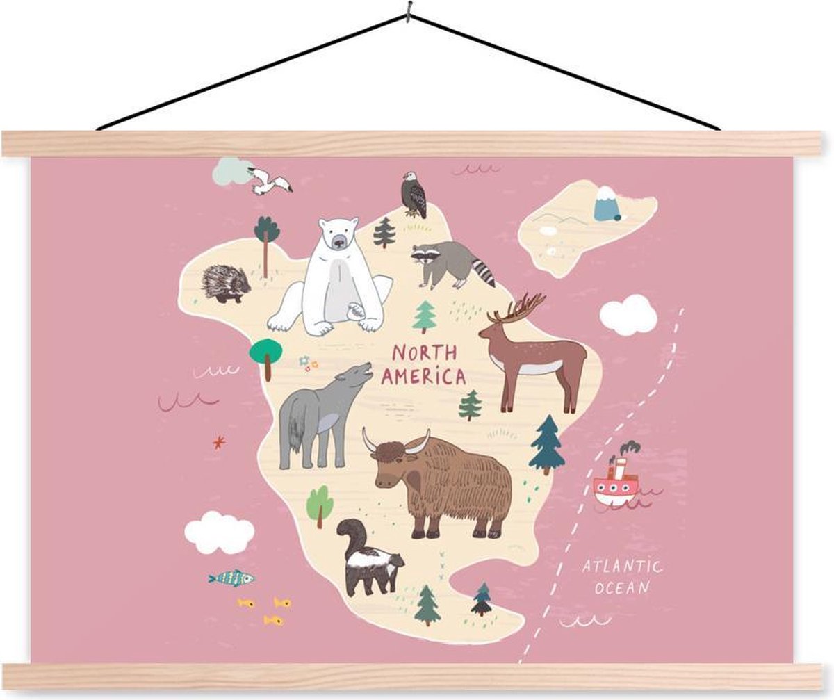 Roze kaart van Noord-Amerika met dieren 150x100 cm