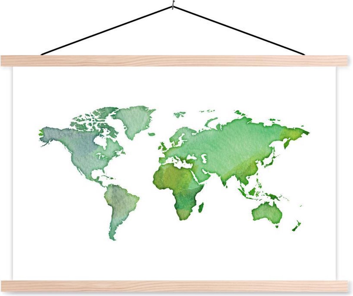 Schoolplaat - Wereldkaart - Aquarel - Groen - 60x40 cm - Blanke latten