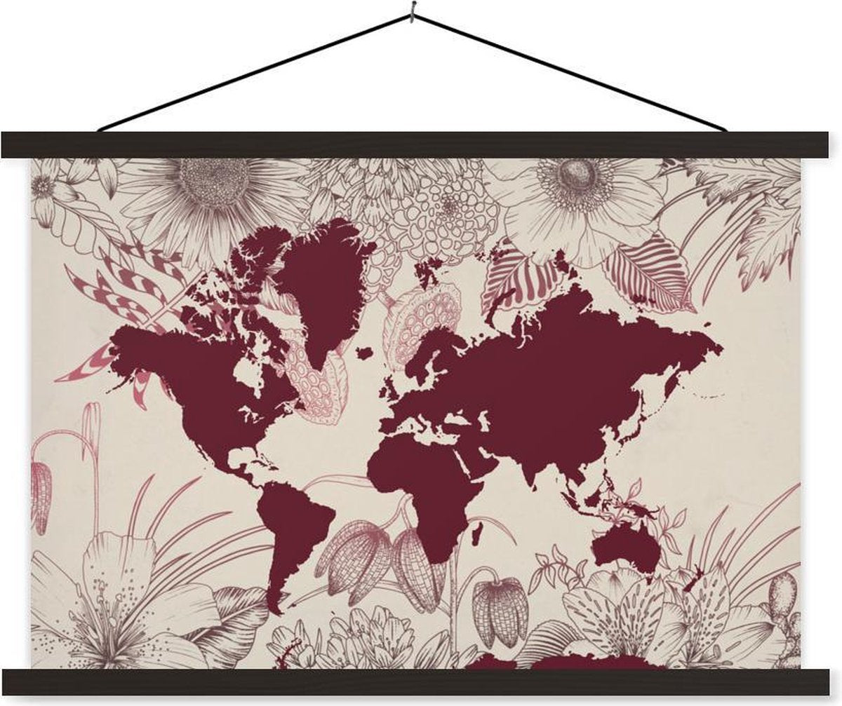 Schoolplaat - Wereldkaart - Rood - Bloemen - 60x40 cm - Zwarte latten