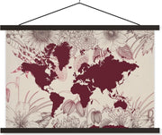 Schoolplaat - Wereldkaart - Rood - Bloemen - 60x40 cm - Zwarte latten