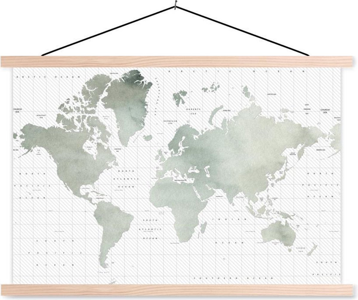 Schoolplaat - Wereldkaart - Waterverf - Grijs - 60x40 cm - Blanke latten