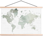 Schoolplaat - Wereldkaart - Waterverf - Grijs - 60x40 cm - Blanke latten