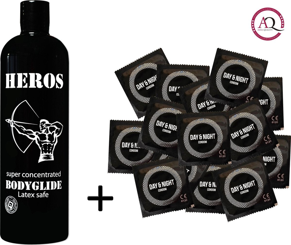 HÉROS glijmiddel 500 ml + 100 Day & Night condooms combipack