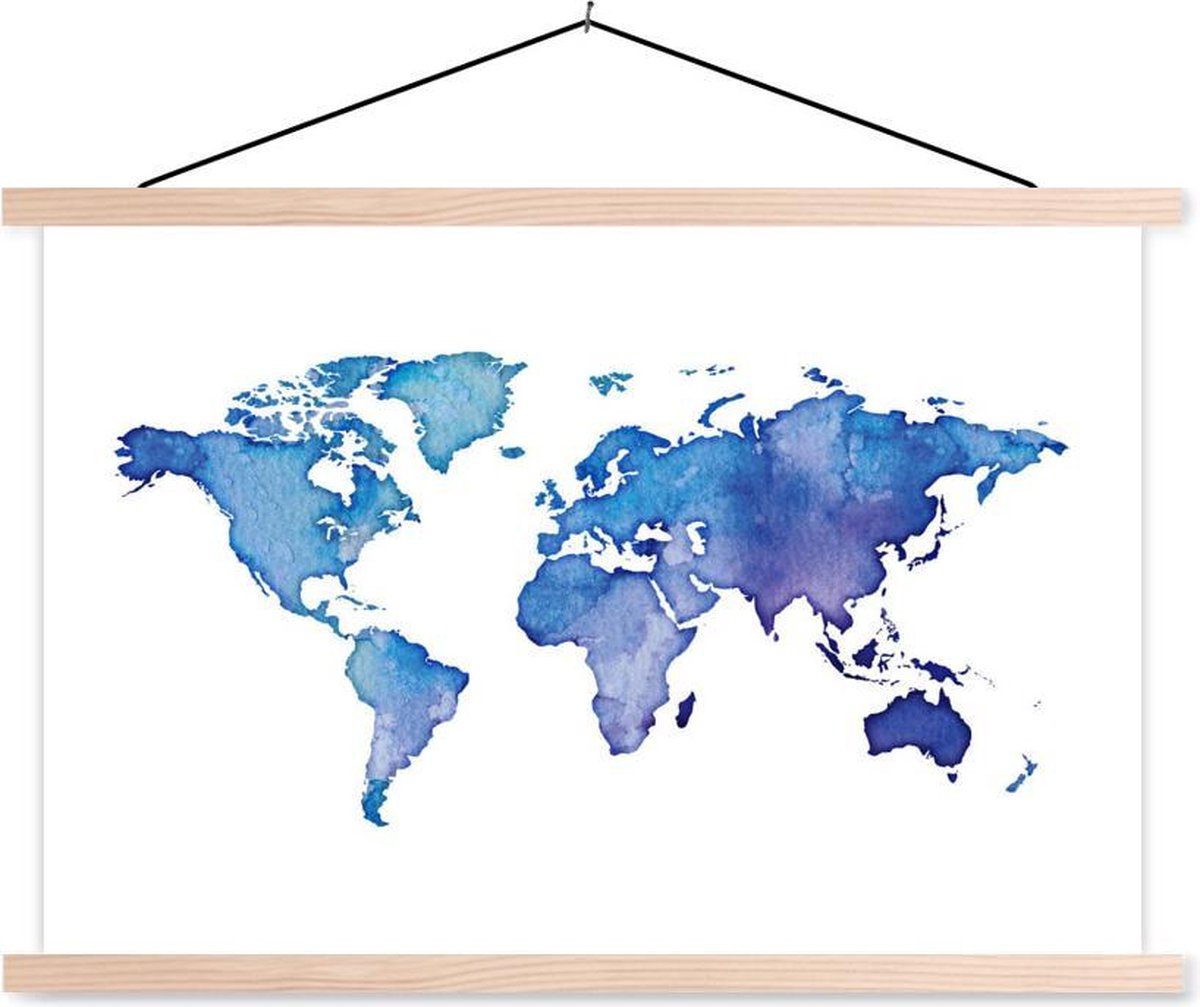 Schoolplaat - Wereldkaart - Aquarel - Paars - 60x40 cm - Blanke latten