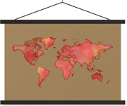 Schoolplaat - Wereldkaart - Rood - Waterverf - 60x40 cm - Zwarte latten