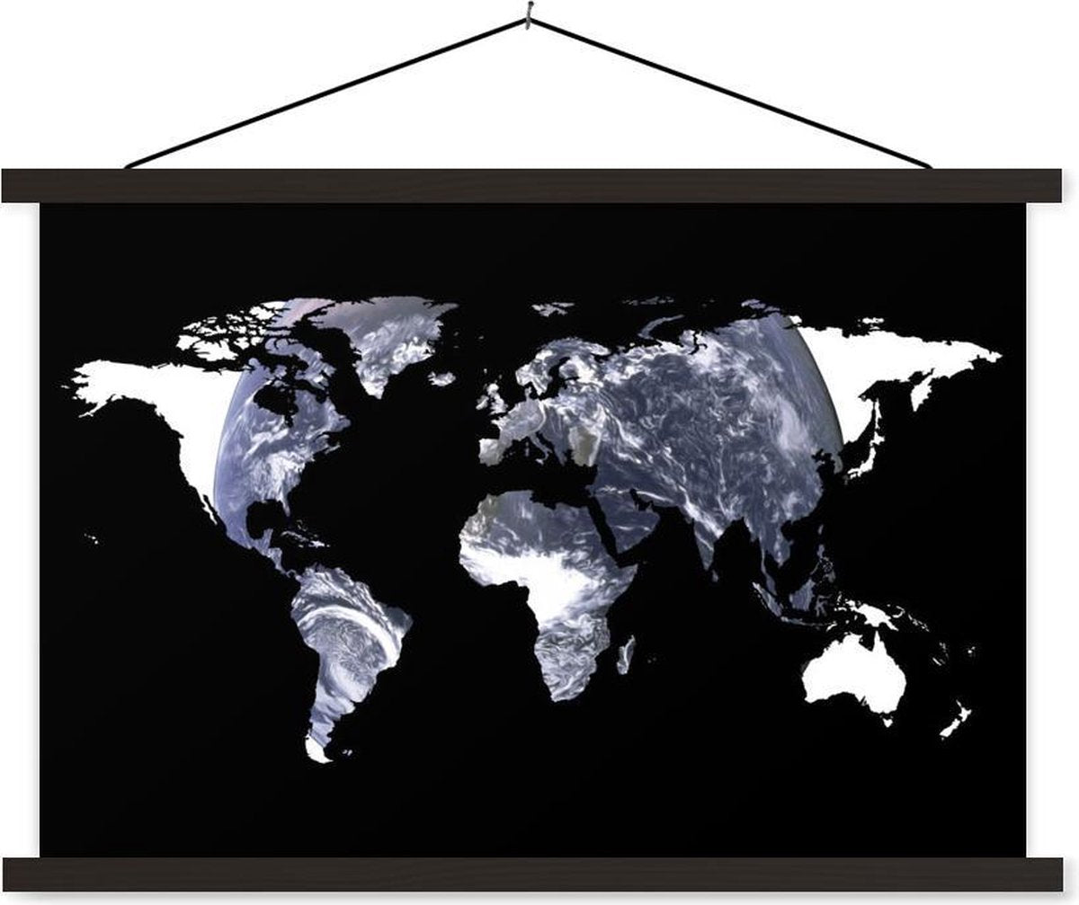 Schoolplaat - Wereldkaart - Zwart - Wit - Wereldbol - 60x40 cm - Zwarte latten