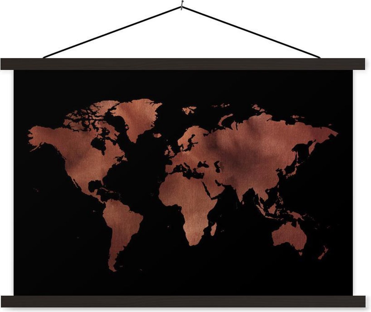 Schoolplaat - Wereldkaart - Zwart - Rood - 60x40 cm - Zwarte latten