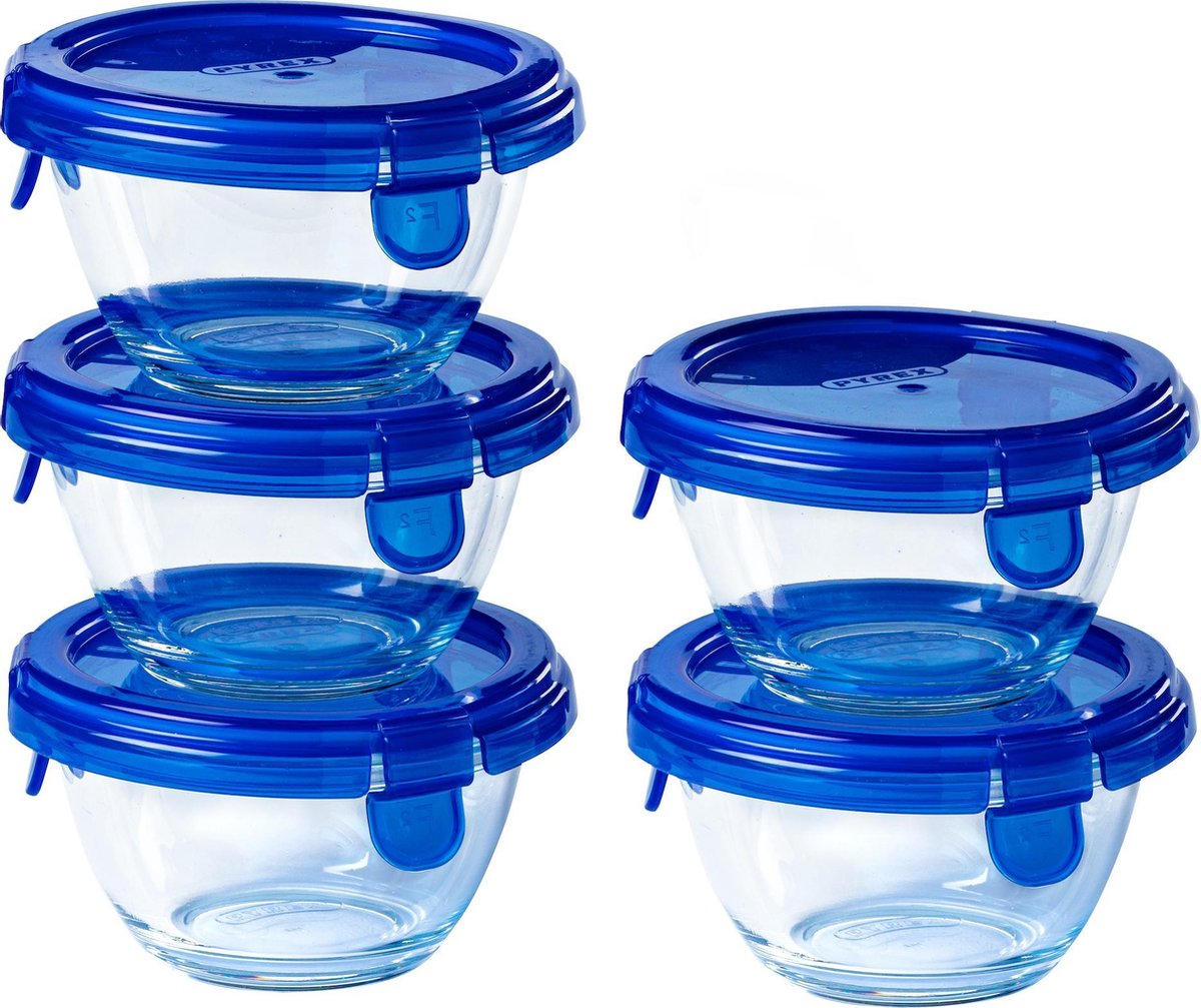 Pyrex - Cook & Go Schaal Rond met Deksel 200 ml Set van 5 Stuks - Transparant/Blauw